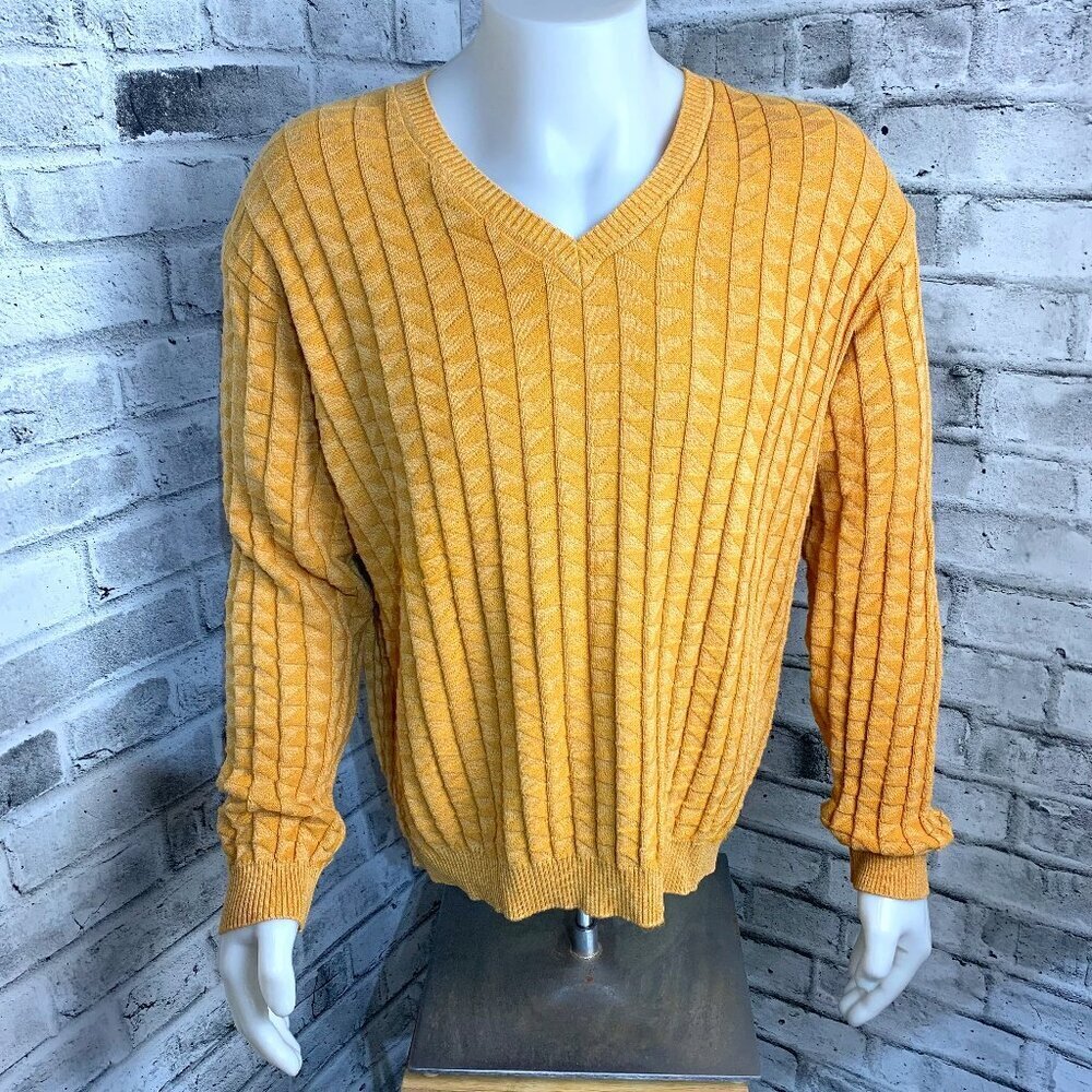 Vintage 90s Tosani Yellow Graphic Rib Knit V-Neck Pullover Sweater